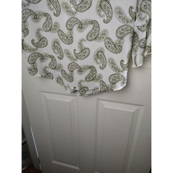 41Hawthorn Green White Paisley V Neck Belle Flare Tie Sleeves Sheer. Size M - Picture 7 of 11